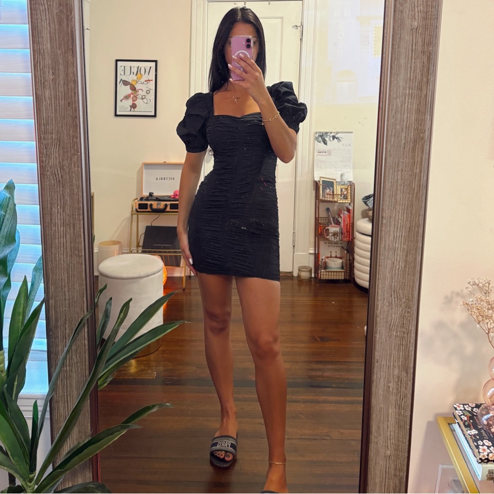 H&M Black Mini Dress with Puff Sleeves